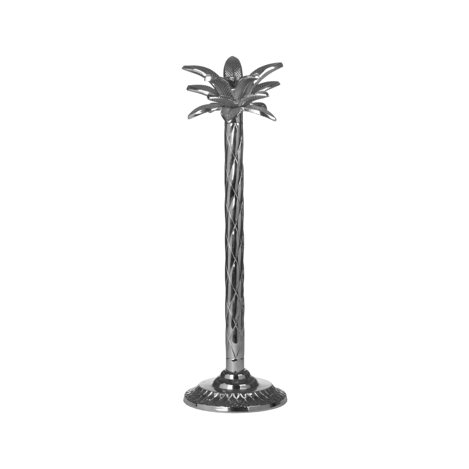 Silver Palm Tree Candle Holder In A Nickel Finish
