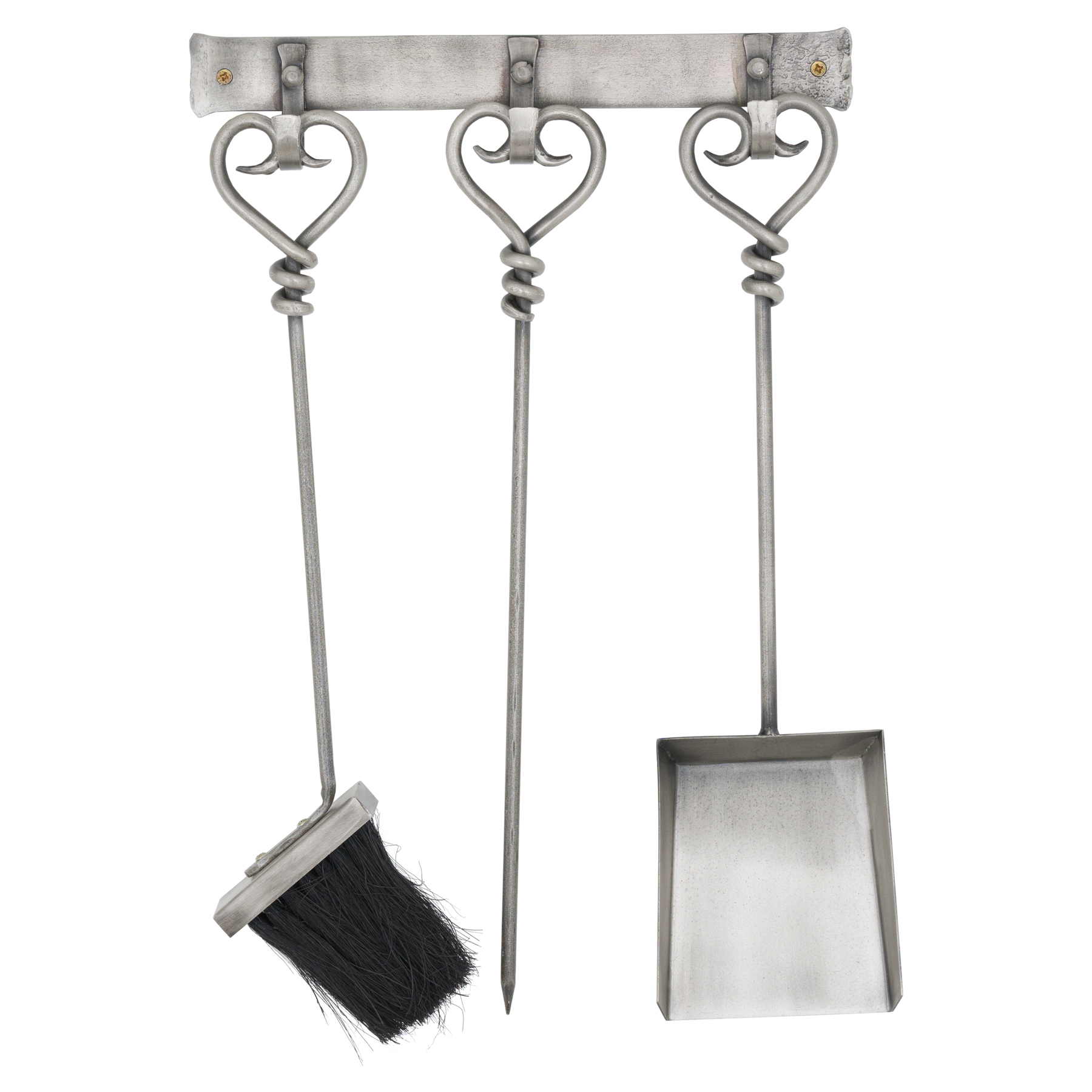 Hanging Antique Pewter Fireside Companion Set With Heart Detailing