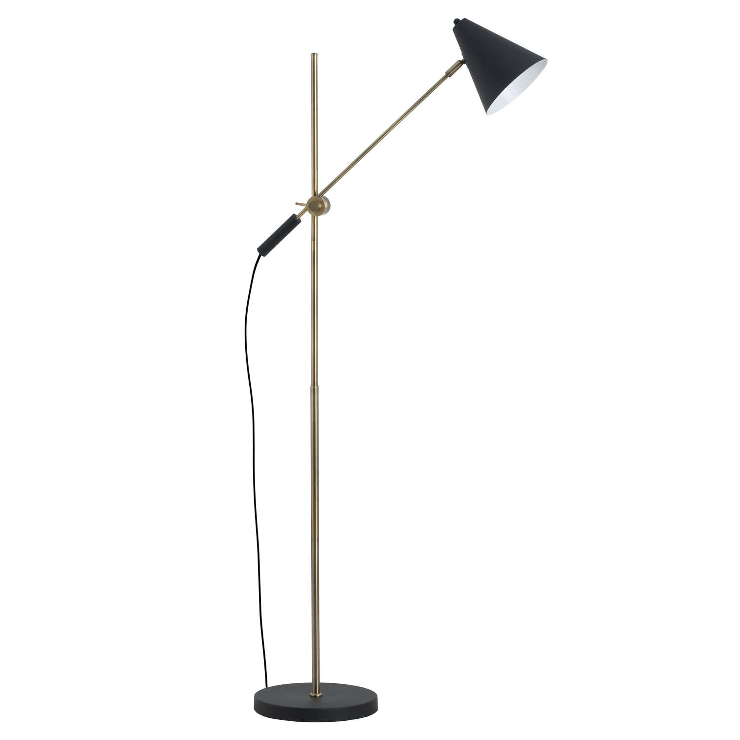 Black And Brass Adjustable Floor Lamp With Cone Shade