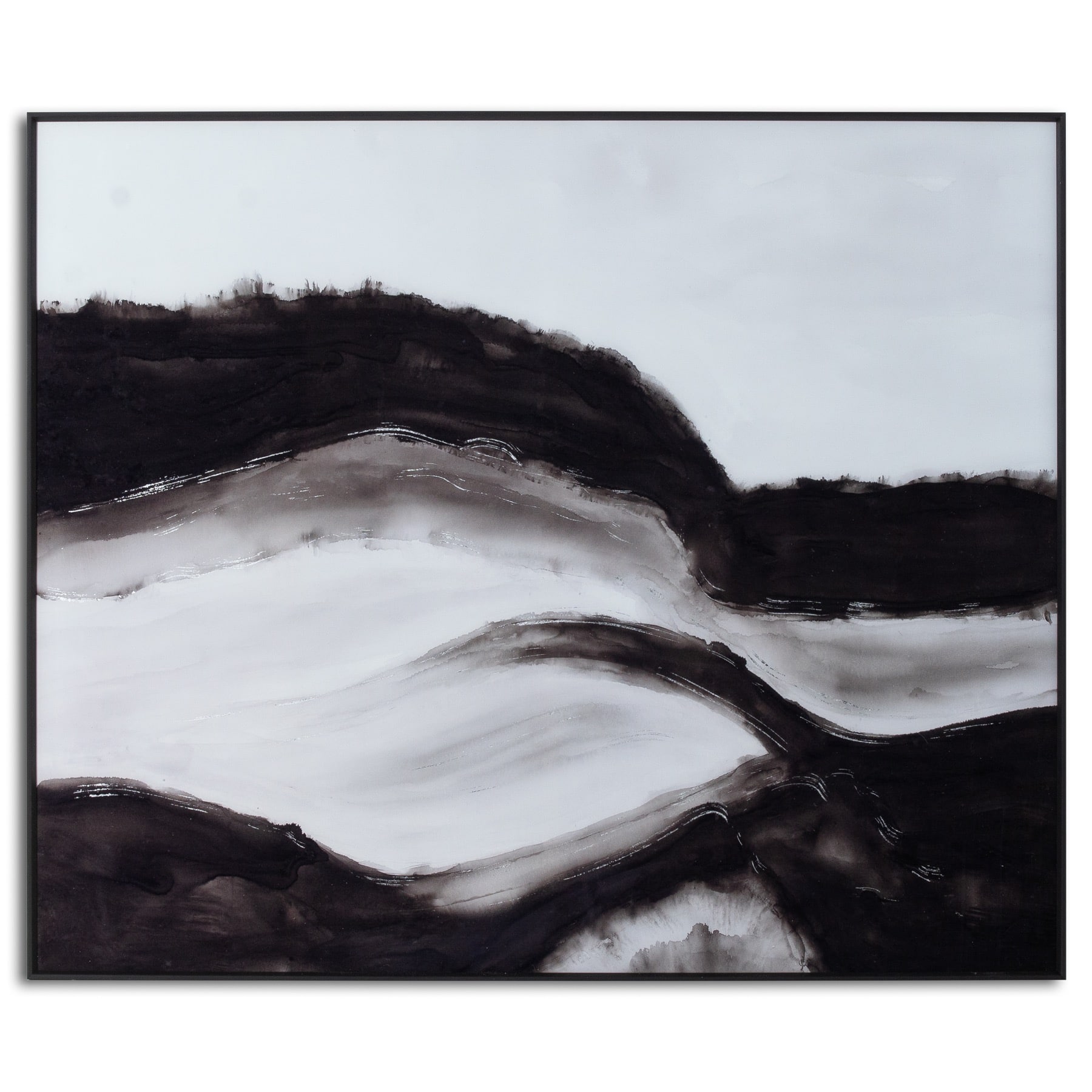 Black and White Rolling Hills Glass Image in Black Frame