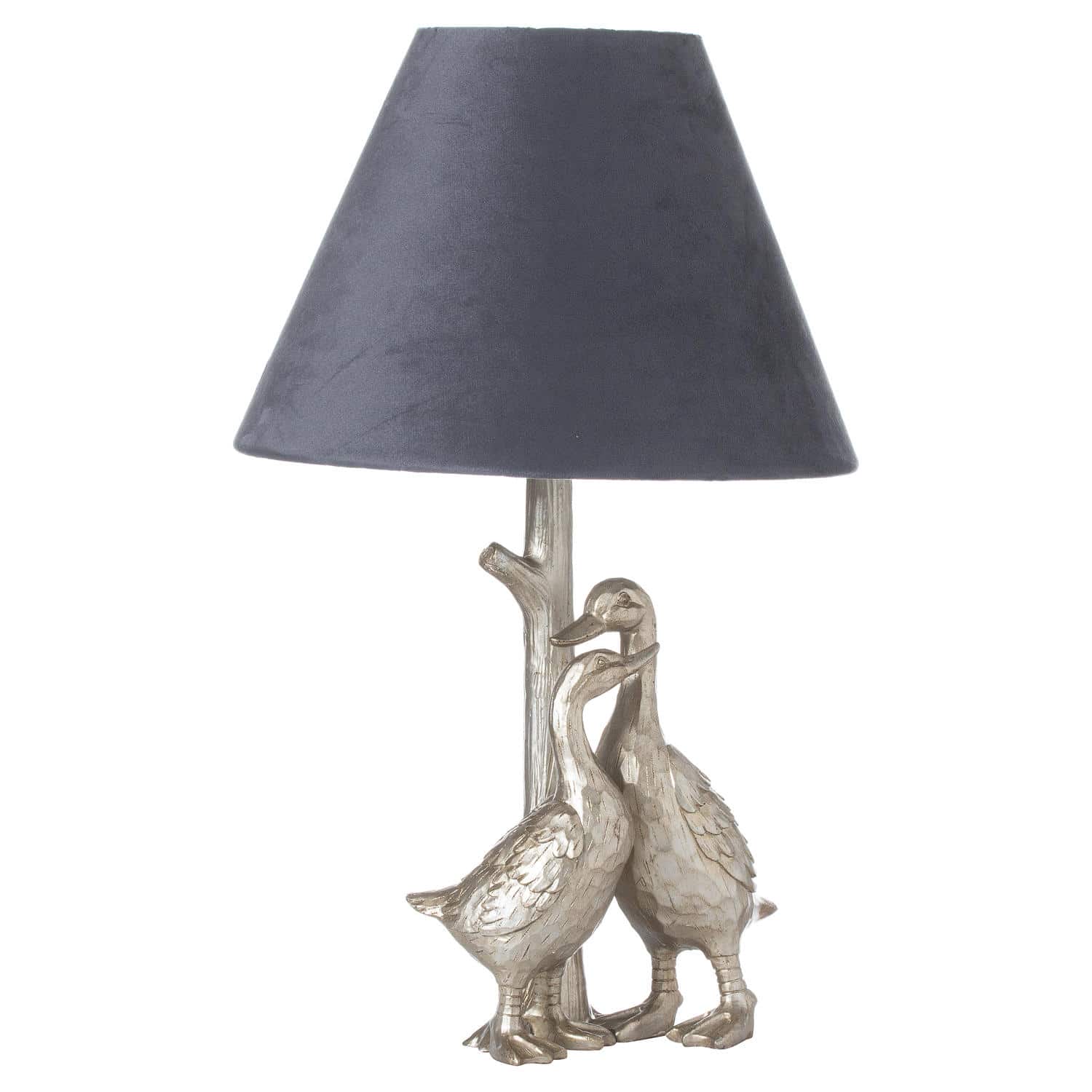 Silver Pair Of Ducks Table Lamps With Velvet Shade