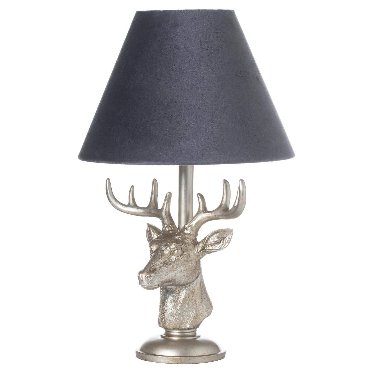 Silver Stag Head Table Lamp With Grey Velvet Shade